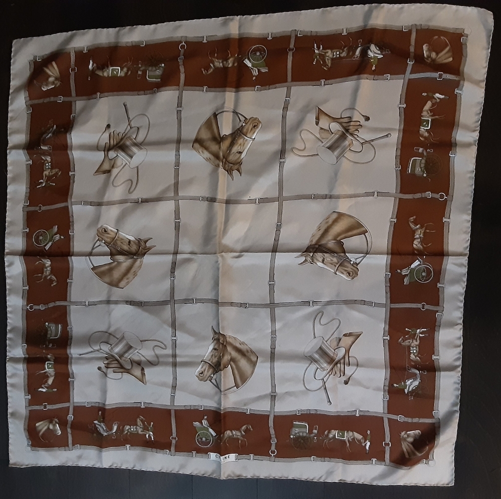 Celine Tan and Cream Equestrian Silk Scarf